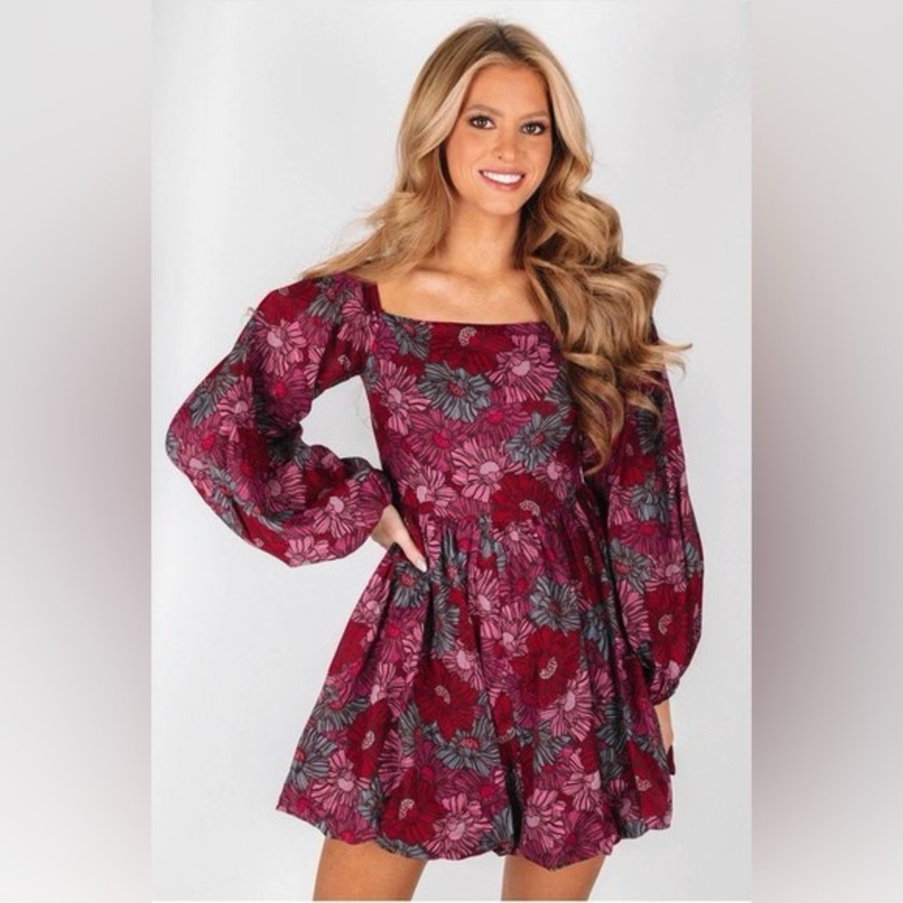 Romantic Floral Bubble Hem Square Neck & Balloon Sleeves Dress✨